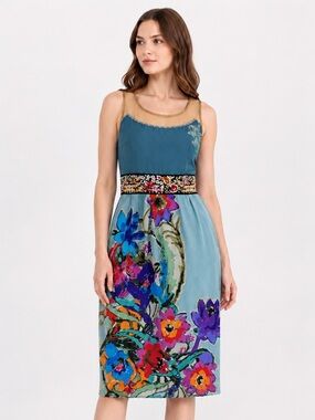 Anthropologie Floreat Silk Floral Sheath Dress Blue Embroidered Mesh Sz 8